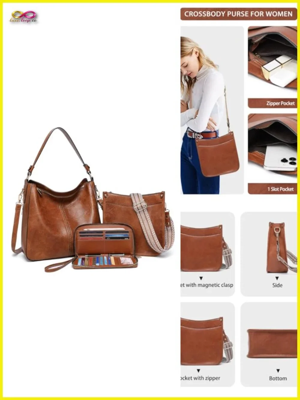 3pc Crossbody Bag Set Large Faux Leather Purse Shoulder Tote Wallet Set